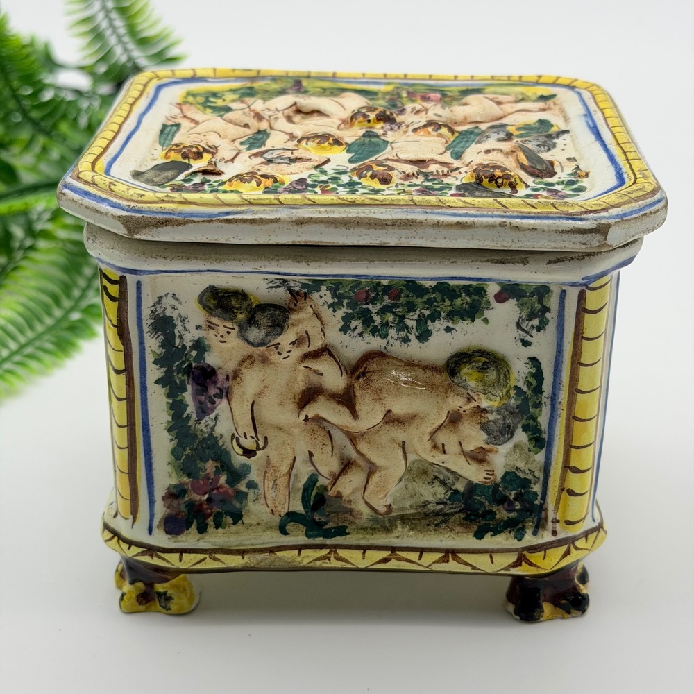 Vintage Capodimonte Style Italy Hand Painted Cherub Relief Trinket Box